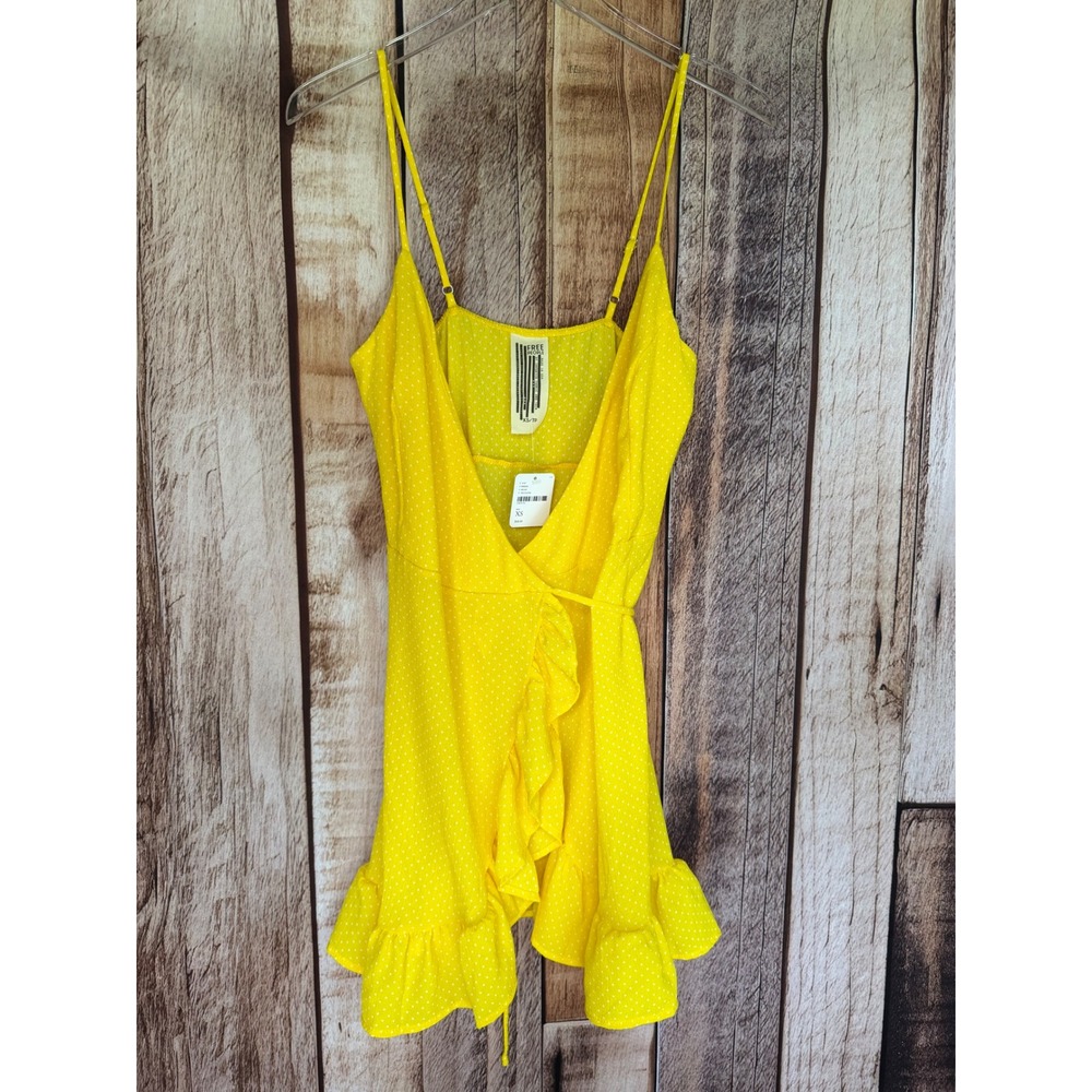 Free People All My Love Mini Dress Wrap Yellow Polka Dot Ruffle Summer XS NWT‎